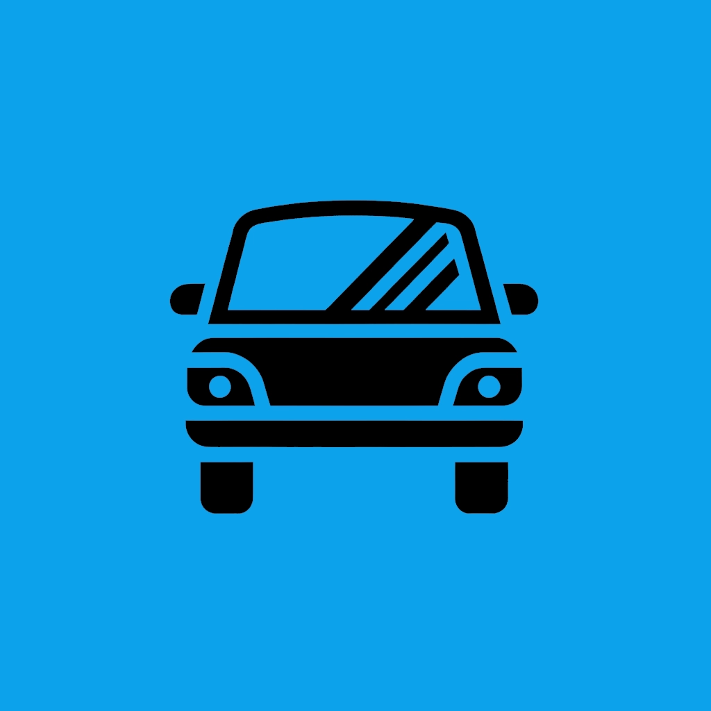 A black car icon on a blue background with a windshield repair sign.