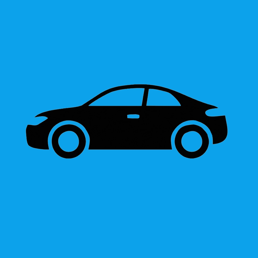 A black car icon on a blue background displaying windshield repair.