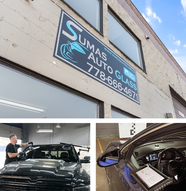 A collage showcasing Sumas Auto Glass's storefront and windshield service process.