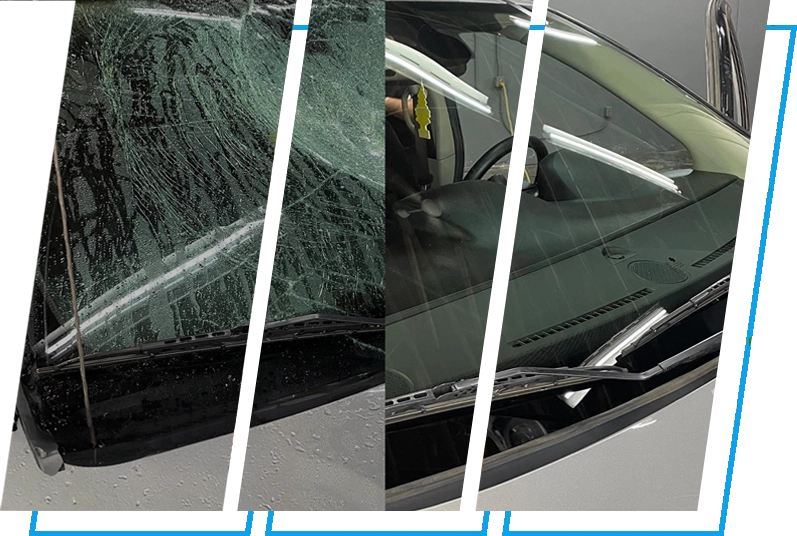 A collage of three images showing various stages of windshield repair.