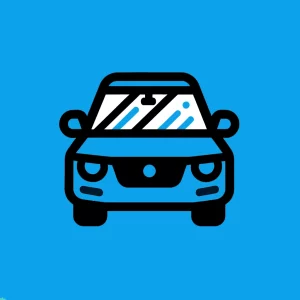 A car icon on a blue background with a windshield repair.