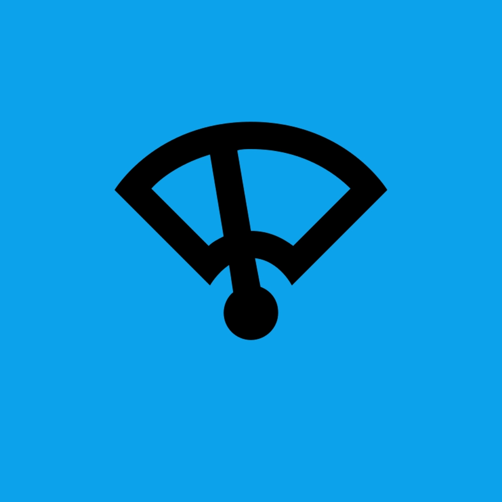 A black icon of a fan on a blue background, resembling a windshield.